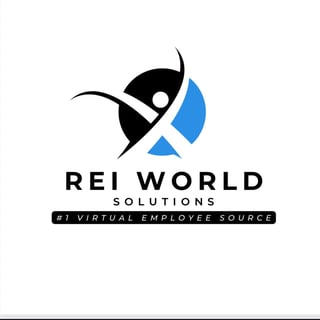 REI World Solutions logo featuring a stylized figure with blue accents and text tagline #1 Virtual Employee Source
